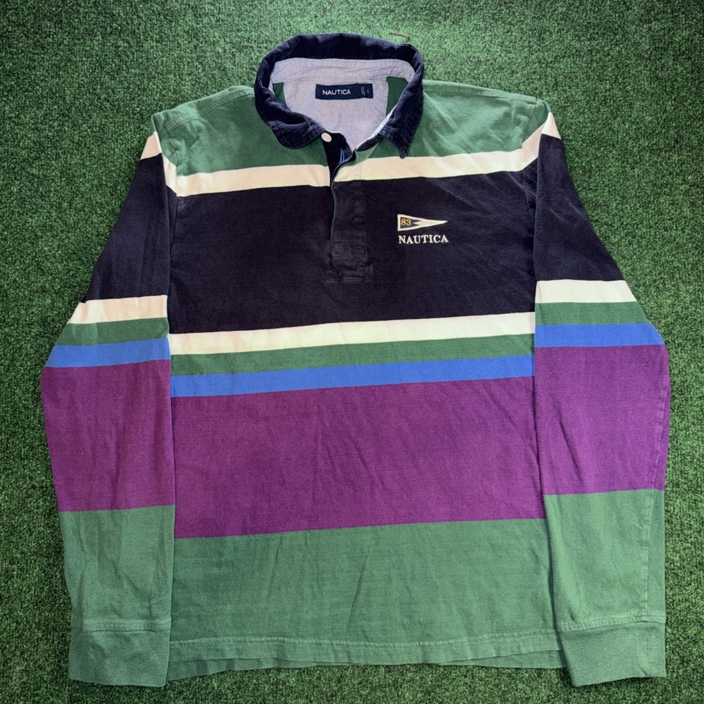 Vintage Nautica Rugby Polo Shirt Men's Large Colorblock Striped Long Sleeve